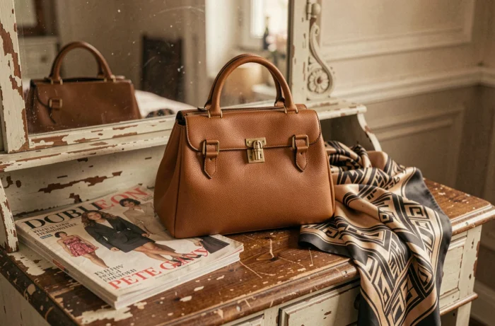 Sac Double M des années 90 en cuir caramel posé sur une coiffeuse vintage avec magazines de mode et foulard en soie
