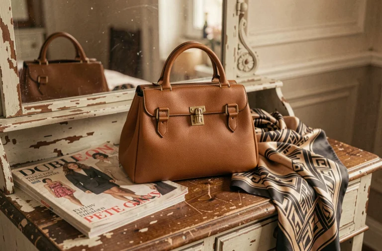 Sac Double M des années 90 en cuir caramel posé sur une coiffeuse vintage avec magazines de mode et foulard en soie