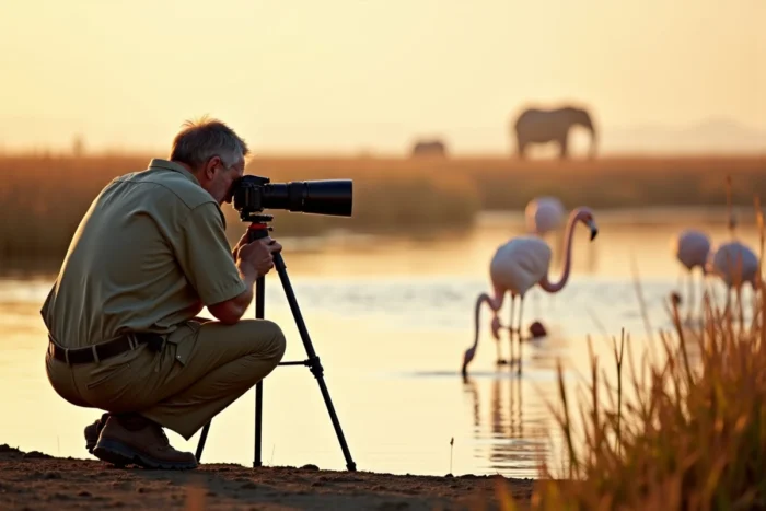 Un photographe en safari réalise des clichés de flamants roses dans un delta naturel depuis la berge