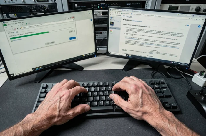 Mains tapant une clé de licence lors de l'installation sécurisée d'un logiciel sur poste de travail