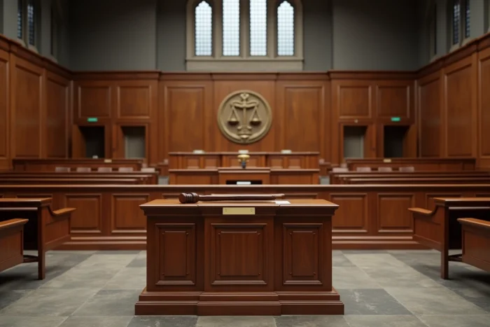Salle d'audience vide avec le bureau du juge, un marteau et l'emblème de la justice dans un palais de justice historique