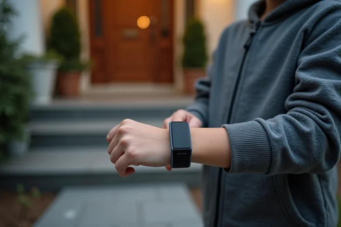 Bracelet adapté Samsung SmartTag2 porté au poignet d'un enfant devant une entrée de maison, dispositif ovale noir visible dans l'adaptateur silicone gris