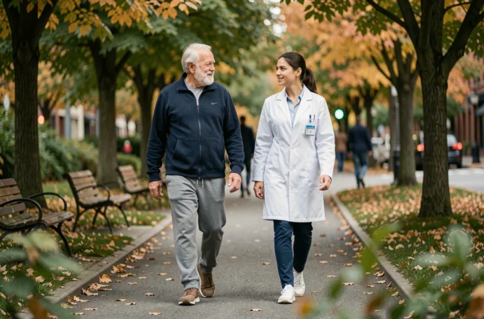 Senior homme en promenade dans un parc discutant avec un professionnel de santé