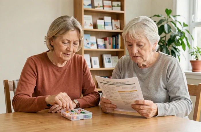 Deux femmes seniors gérant leur santé quotidienne avec un pilulier dans un centre de bien-être