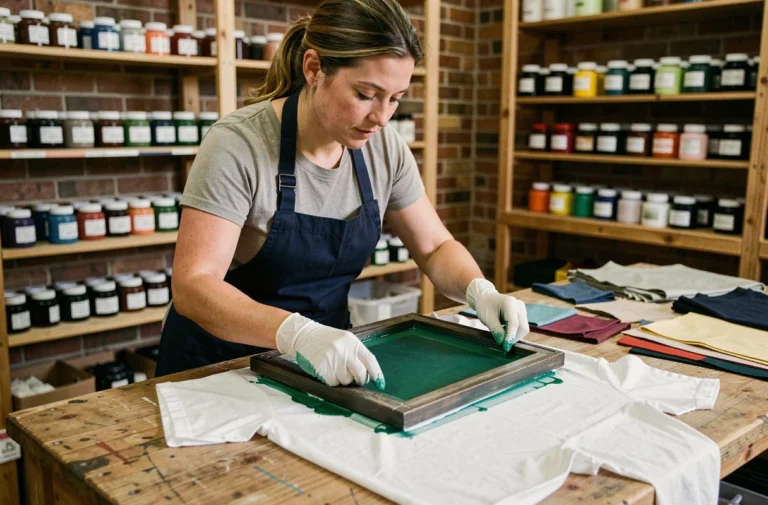 Sérigraphie sur t-shirt blanc dans un atelier artisanal, technique d'impression sur textile