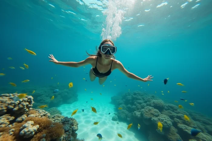 Une snorkeleure observe un récif corallien tropical peuplé de poissons colorés dans une eau cristalline