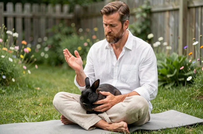 Homme pratiquant un soin énergétique sur un lapin noir calme posé sur ses genoux dans un jardin verdoyant et fleuri