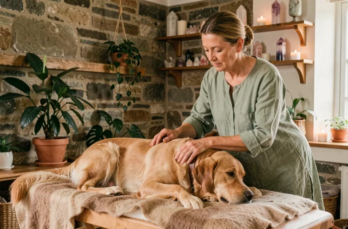 Praticienne de soins énergétiques posant les mains au-dessus d'un golden retriever détendu sur une table de soin en bois dans un studio bien-être naturel