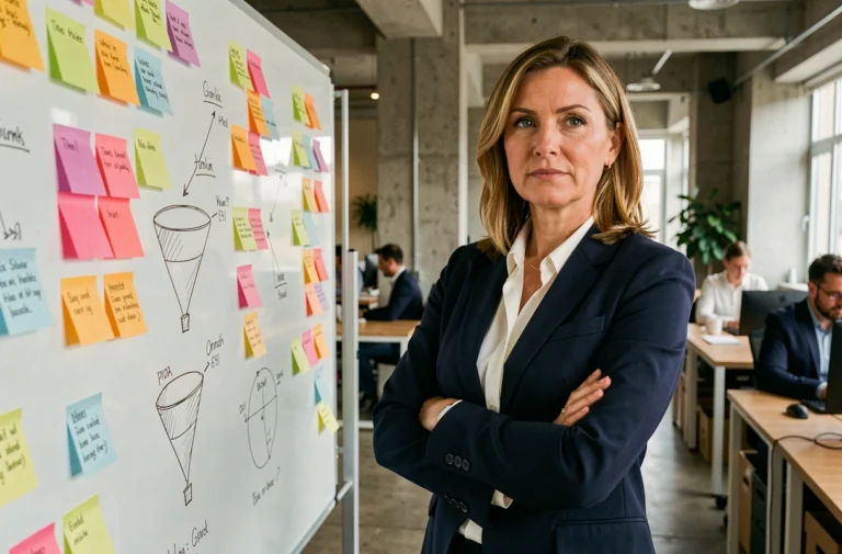 Professionnelle du marketing devant un tableau blanc couvert de stratégies et de notes colorées dans un bureau moderne