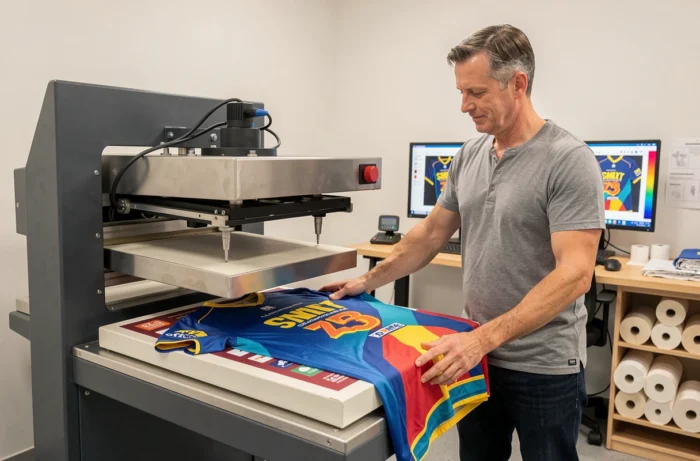 Impression par sublimation sur maillot sportif dans un studio d'impression professionnel