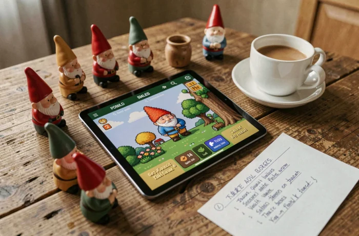 Vue de dessus d'une tablette affichant le doodle Google nain de jardin entourée de figurines et d'un café