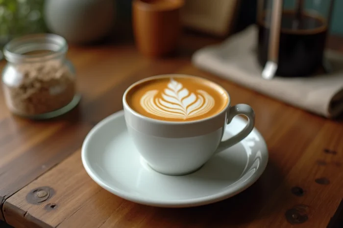 Tasse d'espresso avec une crème dorée parfaite posée sur une soucoupe blanche et une table en bois rustique