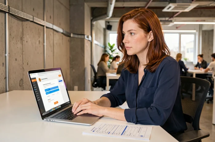 Femme vérifiant les étapes de sécurité lors du téléchargement d'un logiciel sur un ordinateur portable