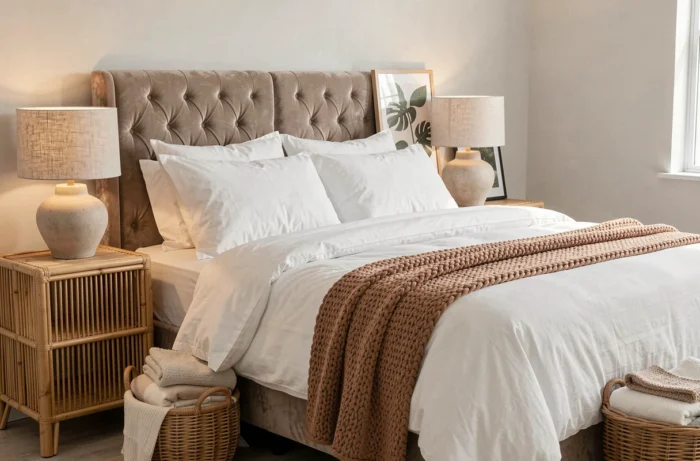 Chambre contemporaine tendance avec literie en coton blanc, jeté tricoté caramel, tables de chevet en rotin et tête de lit en velours greige