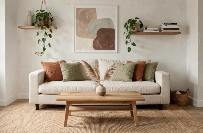 Salon scandinave moderne avec canapé en lin crème, coussins boucle vert sauge et terracotta, table basse en chêne et plante suspendue sur étagère murale