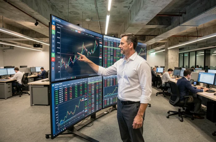 Trader masculin analysant en temps réel les tendances boursières et les données financières sur un mur d'écrans dans une salle de marché