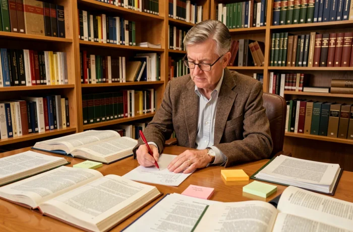 Un professeur sélectionne et adapte des contenus pédagogiques sur sa table de travail, illustrant la transposition didactique