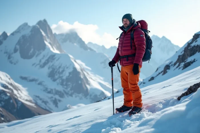 Un trekkeur en équipement haute altitude se tient sur un névé face à un panorama de sommets enneigés isolés