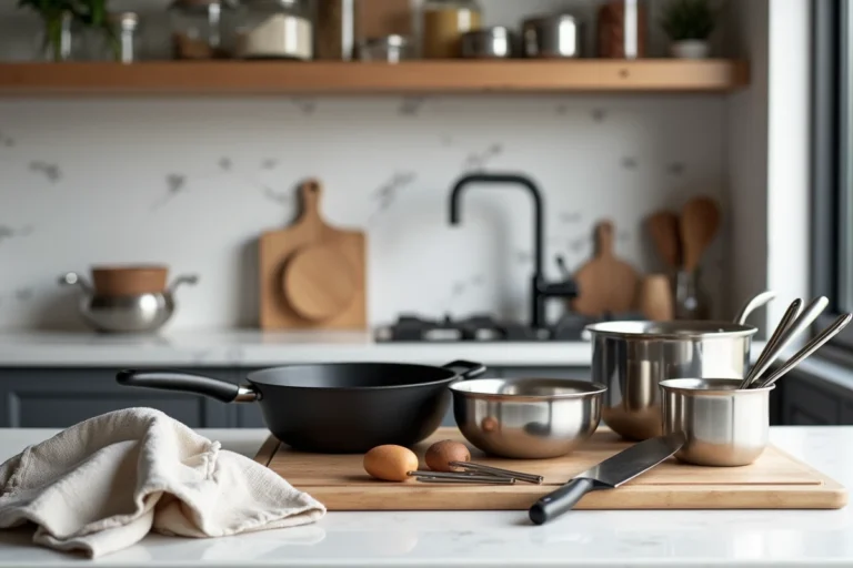 Ustensiles de cuisine essentiels disposés sur un plan de travail en marbre blanc dans une cuisine moderne et organisée
