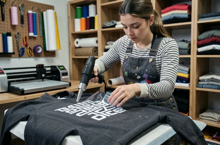 Application de vinyle thermocollant sur un sweat à capuche dans un atelier de création textile à domicile