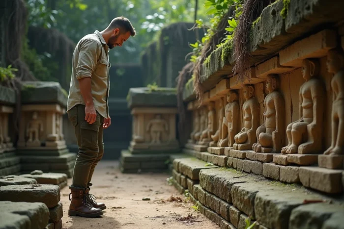 Un voyageur explore un temple en pierre ancien envahi par la végétation dans un site archéologique hors des sentiers battus