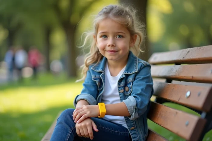 Fillette assise sur un banc de parc portant le bracelet GPS Weenect Kids jaune au poignet, dispositif de localisation bien visible