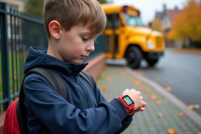 Garçon portant la montre GPS Xplora X6 Play en rouge et noir devant une école, écran tactile coloré visible au poignet